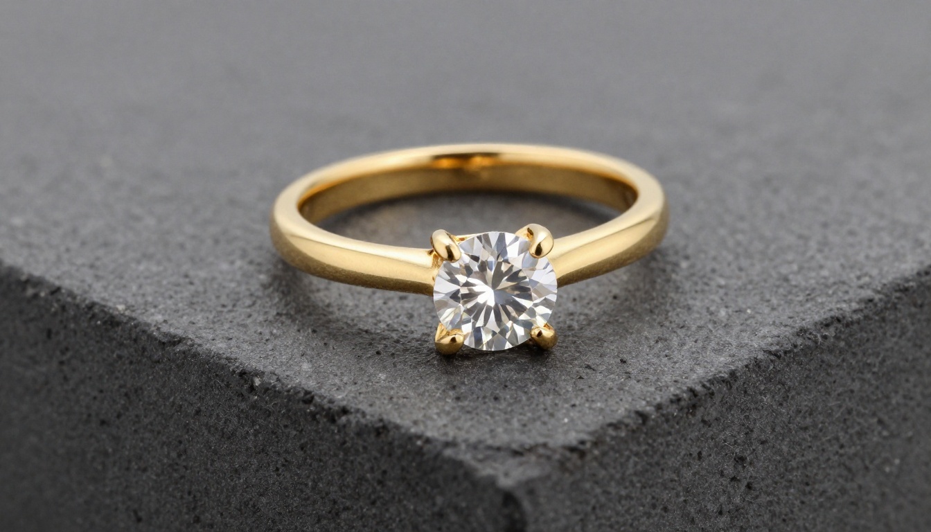 Macro jewelry product photography of gold ring with brilliant diamond on textured dark gray concrete surface
