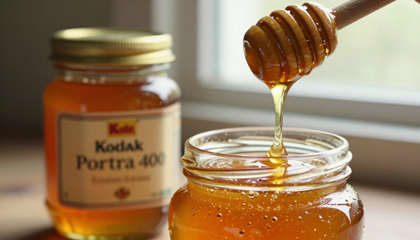 Product photography of artisan wildflower honey jar with rustic wooden honey dipper dripping thick golden honey