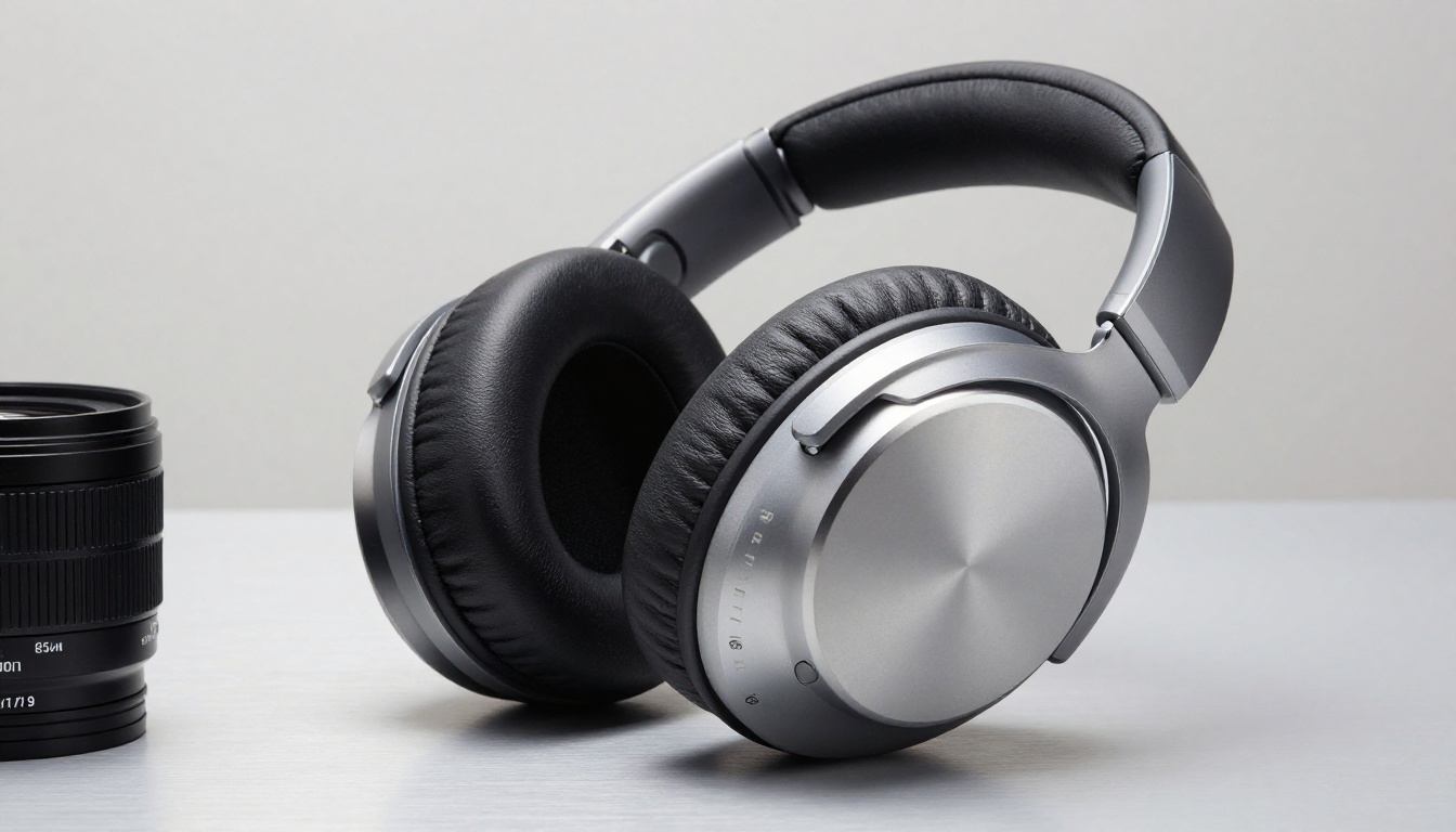 Studio product photography of premium over-ear wireless headphones on polished brushed aluminum display surface