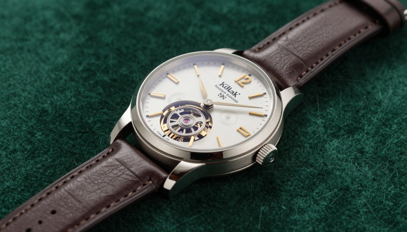 Luxury Swiss watch product photography on deep forest green velvet surface with intricate mechanism visible through sapphire crystal