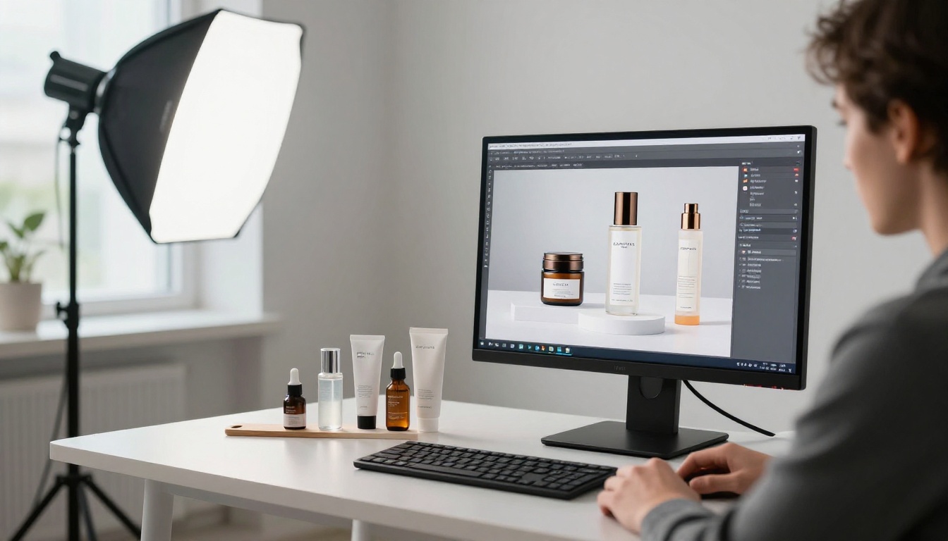 Professional product photographer at modern studio workstation reviewing ultra-sharp product photos on large color-calibrated monitor