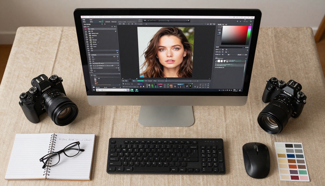 Aerial top-down flat lay of a professional photo editing workspace with color-calibrated monitor, Wacom tablet, and editing notes Aerial top-down flat lay of a professional photo editing workspace with color-calibrated monitor, Wacom tablet, and editing notes