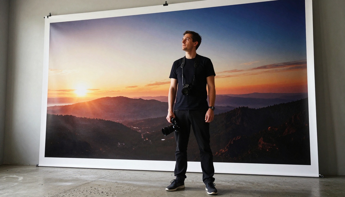 Low-angle shot of a confident photographer standing beside a large-format vivid print fresh from a wide-format printer Low-angle shot of a confident photographer standing beside a large-format vivid print fresh from a wide-format printer