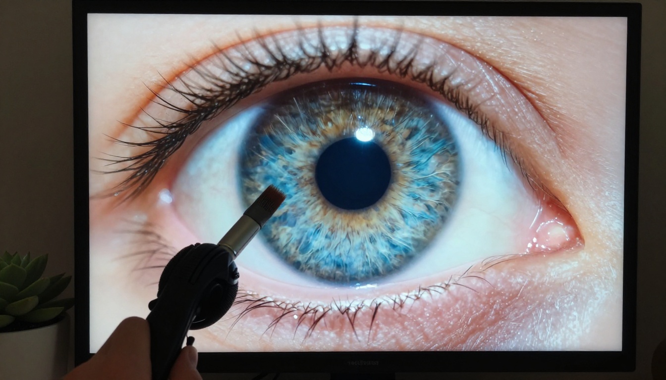 Close-up view of a monitor showing an extreme zoom-in on a portrait's eye with a retouching cursor positioned for precise dodge and burn work Close-up view of a monitor showing an extreme zoom-in on a portrait's eye with a retouching cursor positioned for precise dodge and burn work