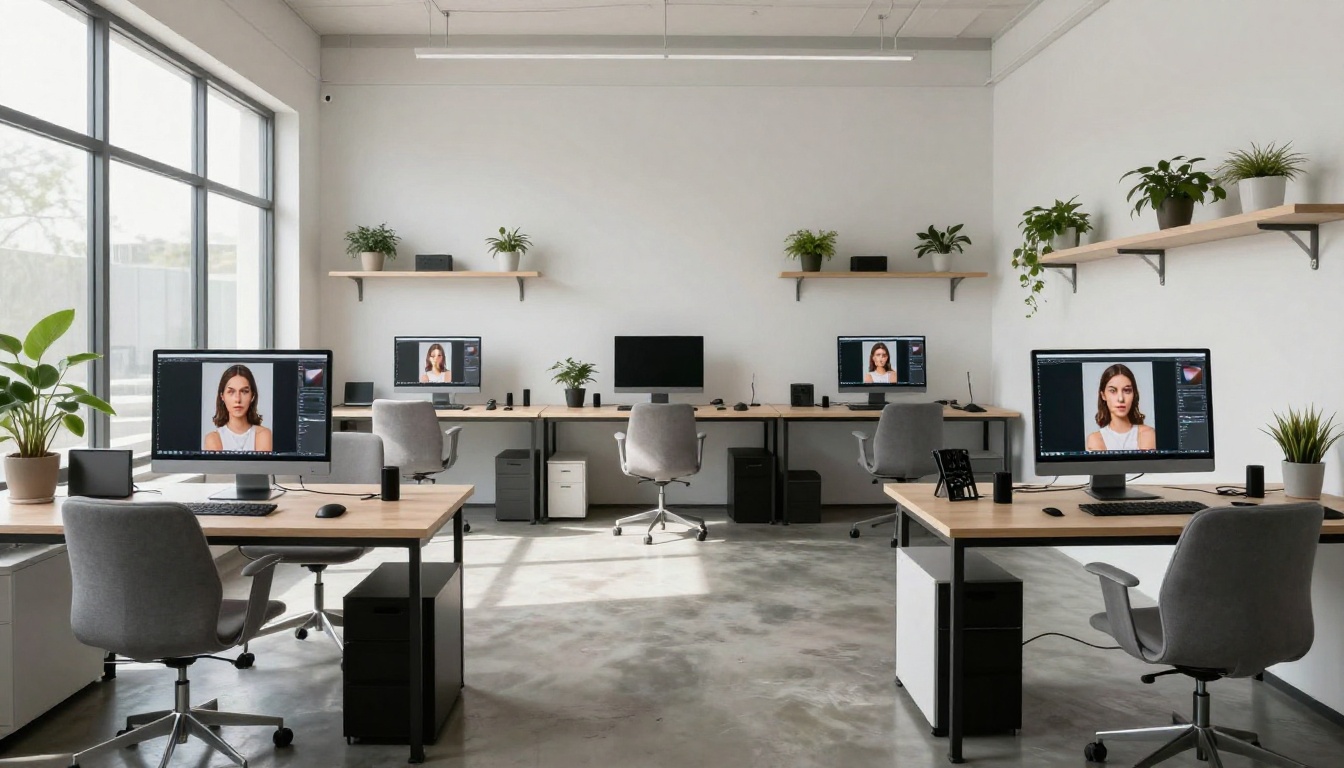 Minimalist photo retouching studio with three workstations and color-calibrated monitors displaying portrait post-processing stages Minimalist photo retouching studio with three workstations and color-calibrated monitors displaying portrait post-processing stages