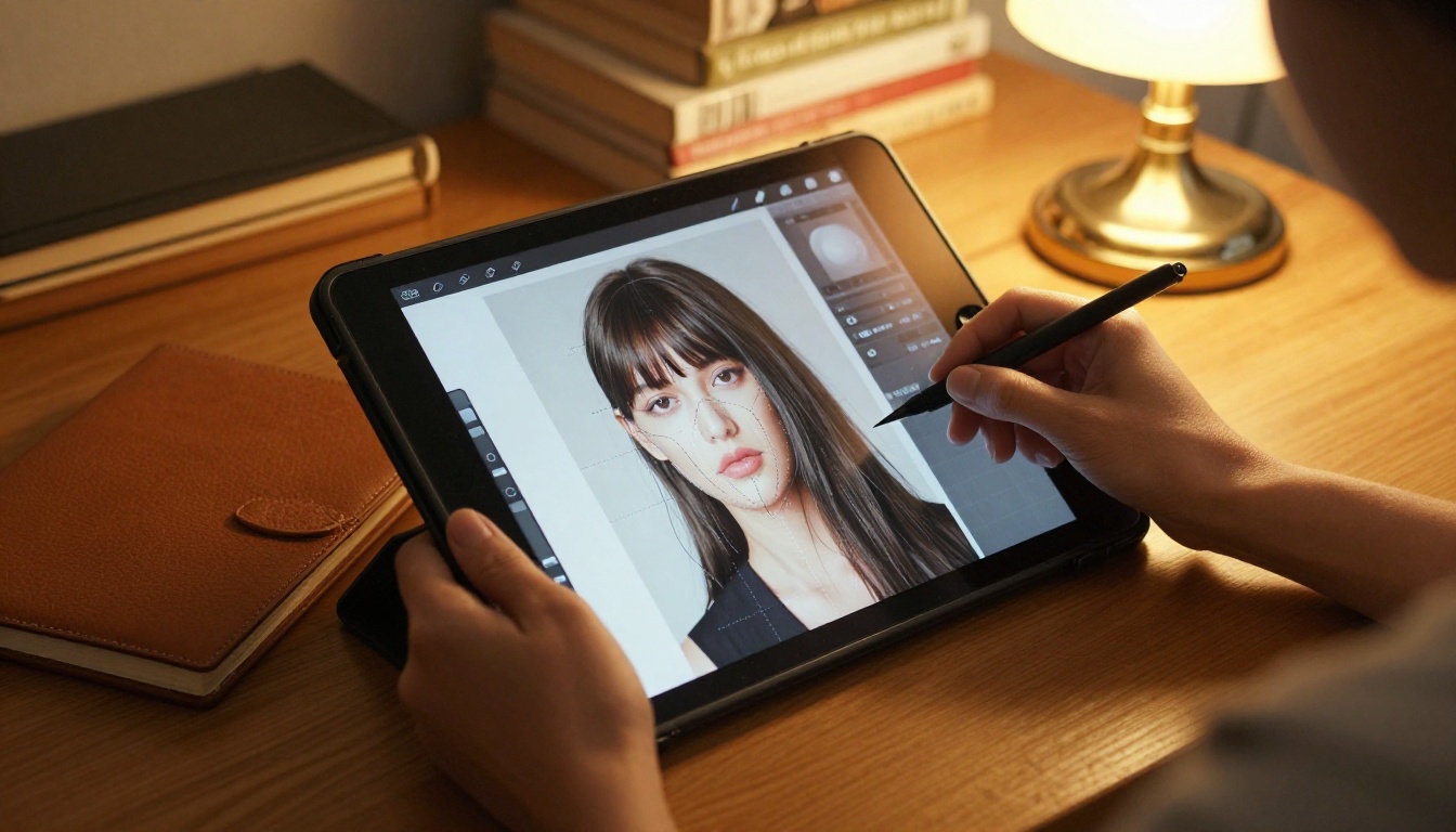 Woman's hands carefully adjusting mask layers on a digital drawing tablet with pixel-level selection paths around hair strands visible on screen Woman's hands carefully adjusting mask layers on a digital drawing tablet with pixel-level selection paths around hair strands visible on screen