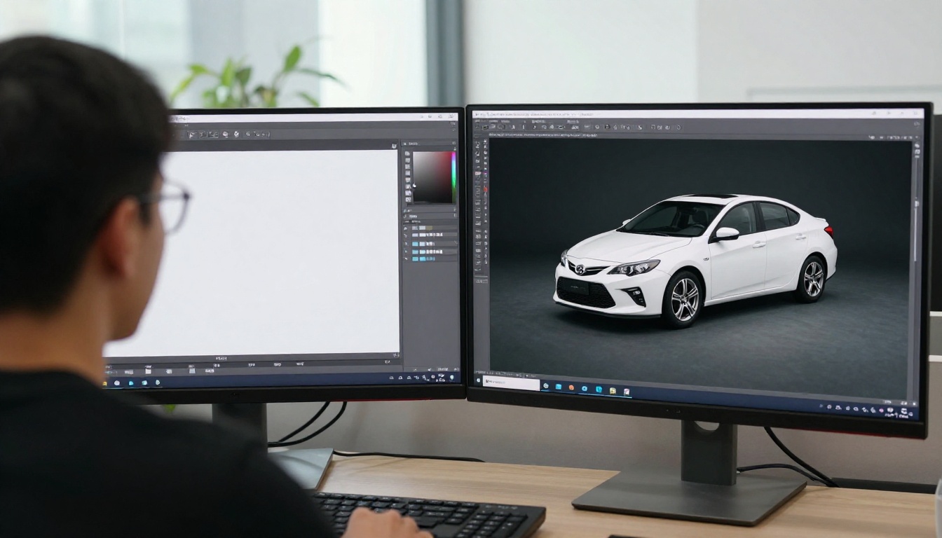 Over-the-shoulder view of a creative professional comparing before-and-after versions of a product photograph with precise shadow removal applied Over-the-shoulder view of a creative professional comparing before-and-after versions of a product photograph with precise shadow removal applied