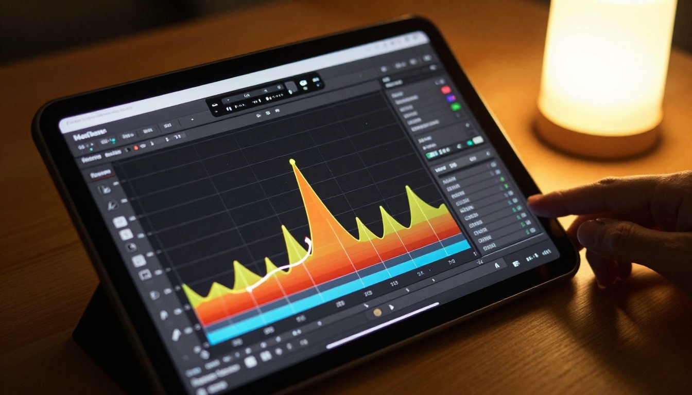 Close-up of a tablet screen displaying a color histogram and tone curve adjustment panel for a portrait photograph with editor's hand resting on the edge Close-up of a tablet screen displaying a color histogram and tone curve adjustment panel for a portrait photograph with editor's hand resting on the edge