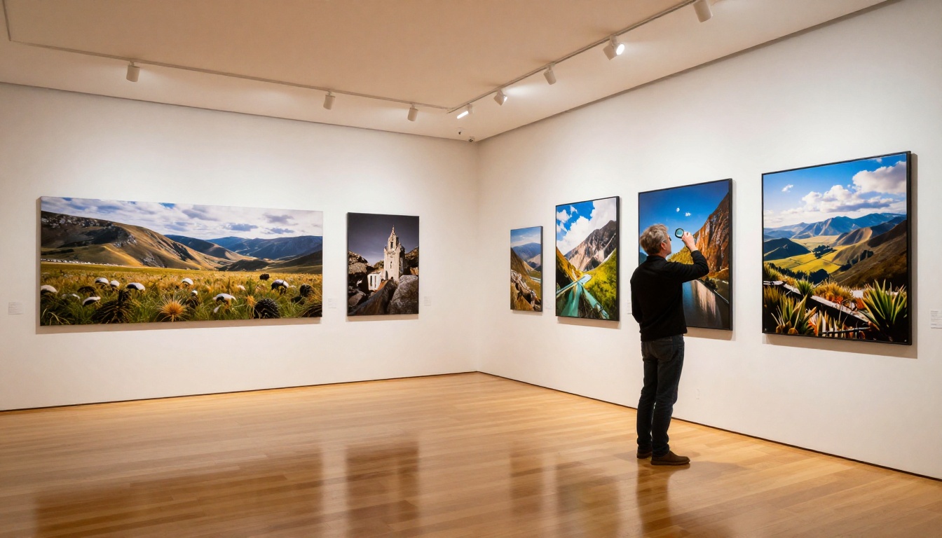 Wide interior shot of a professional photo gallery with large backlit photographic prints and a curator examining vivid landscape work at close range Wide interior shot of a professional photo gallery with large backlit photographic prints and a curator examining vivid landscape work at close range