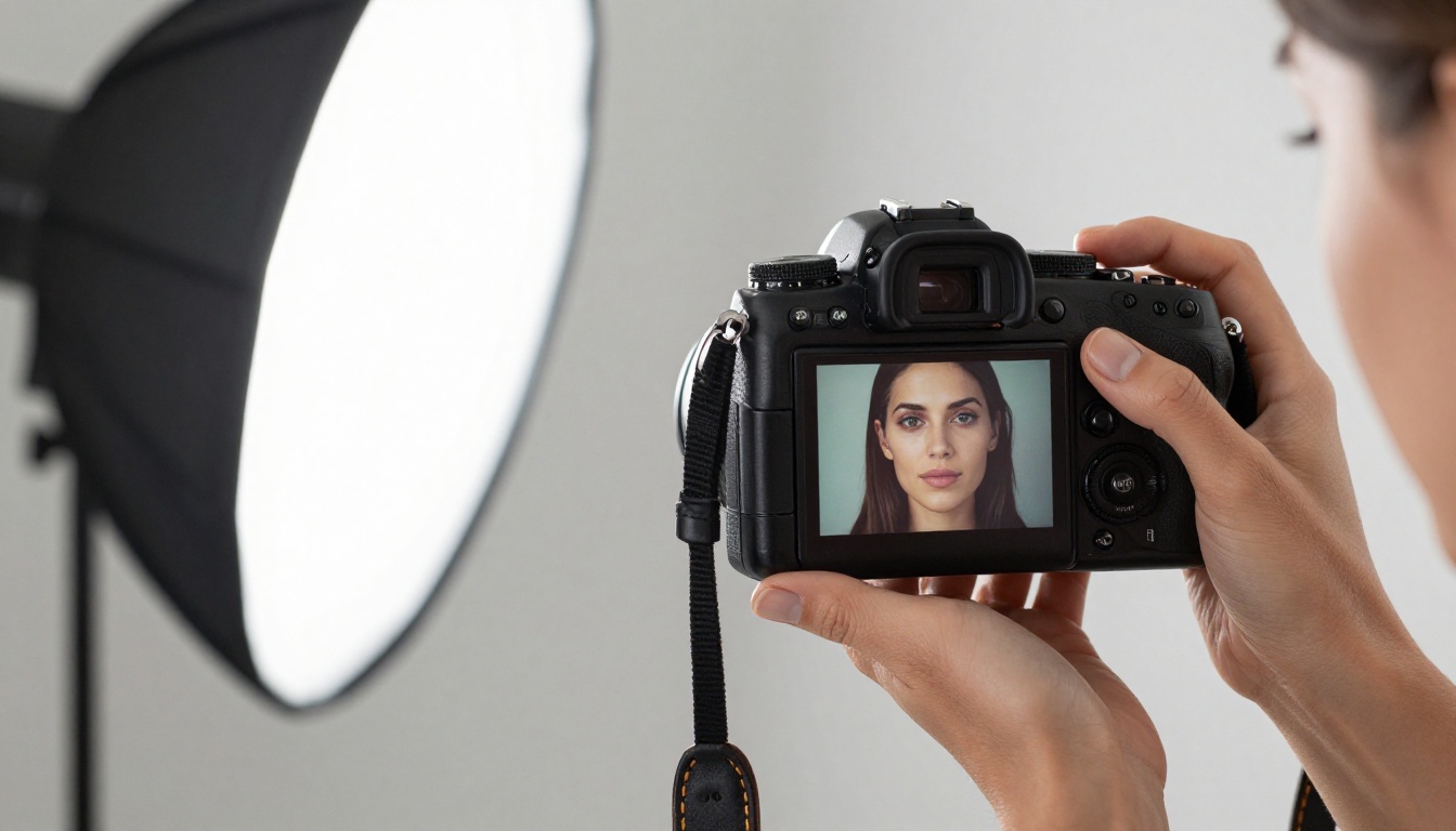Close-up three-quarter view of a woman photographer holding a DSLR camera and reviewing a sharp portrait on the rear LCD screen with accurate skin tones Close-up three-quarter view of a woman photographer holding a DSLR camera and reviewing a sharp portrait on the rear LCD screen with accurate skin tones