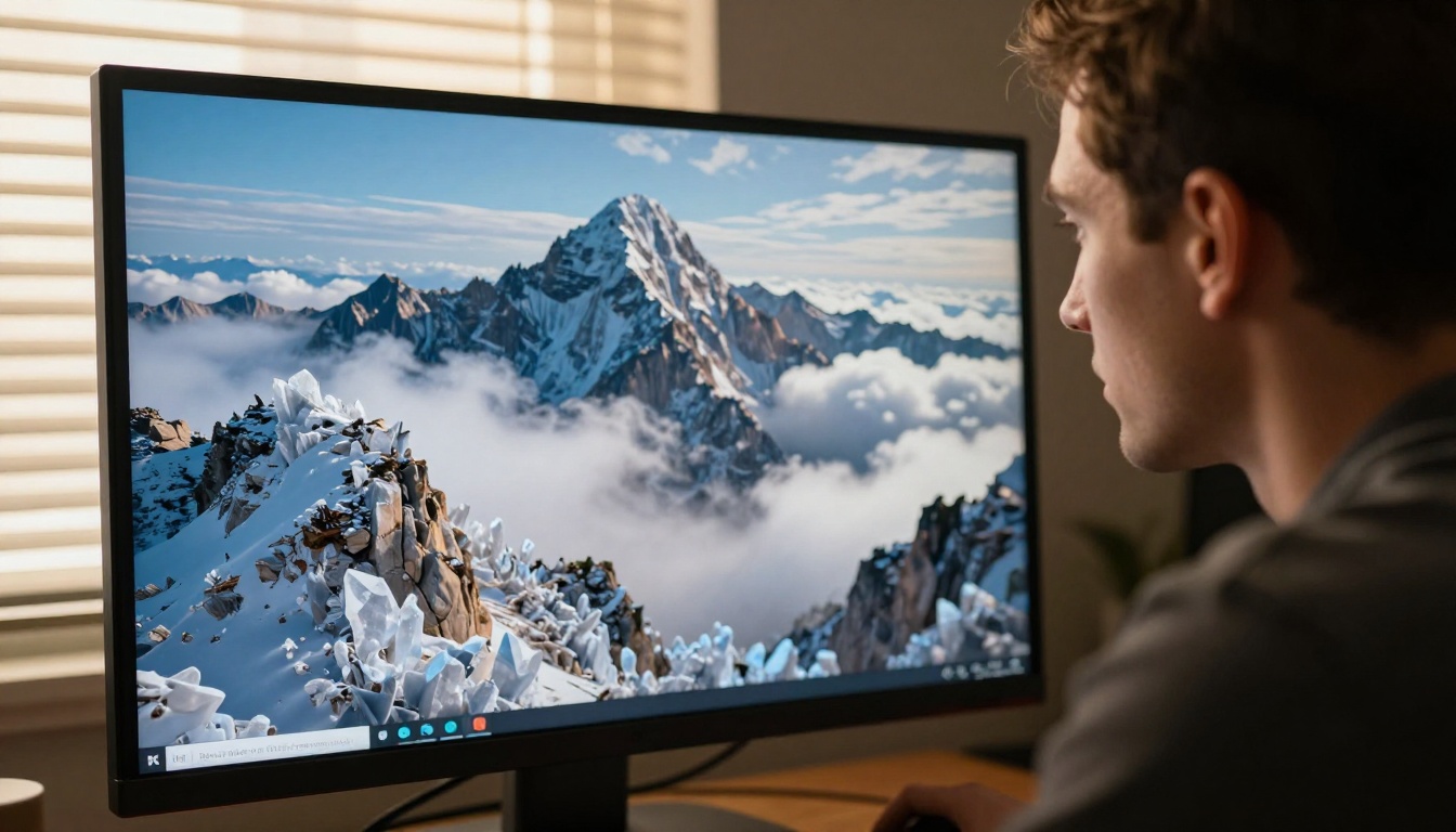 Professional designer reviewing ultra-detailed 4K AI-generated image on a large monitor with warm light bands from venetian blinds