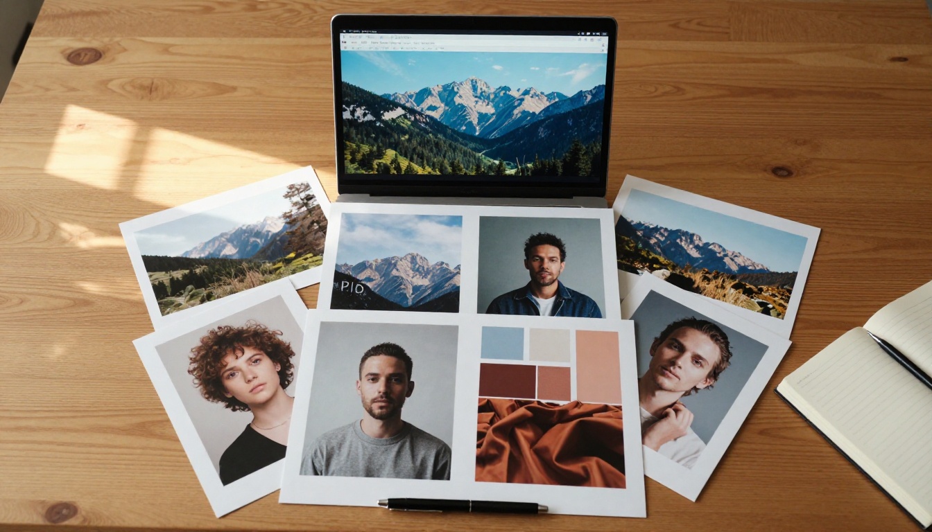 Flat lay of eight printed reference photos fanned around an open laptop showing AI image generation interface, morning light from upper left