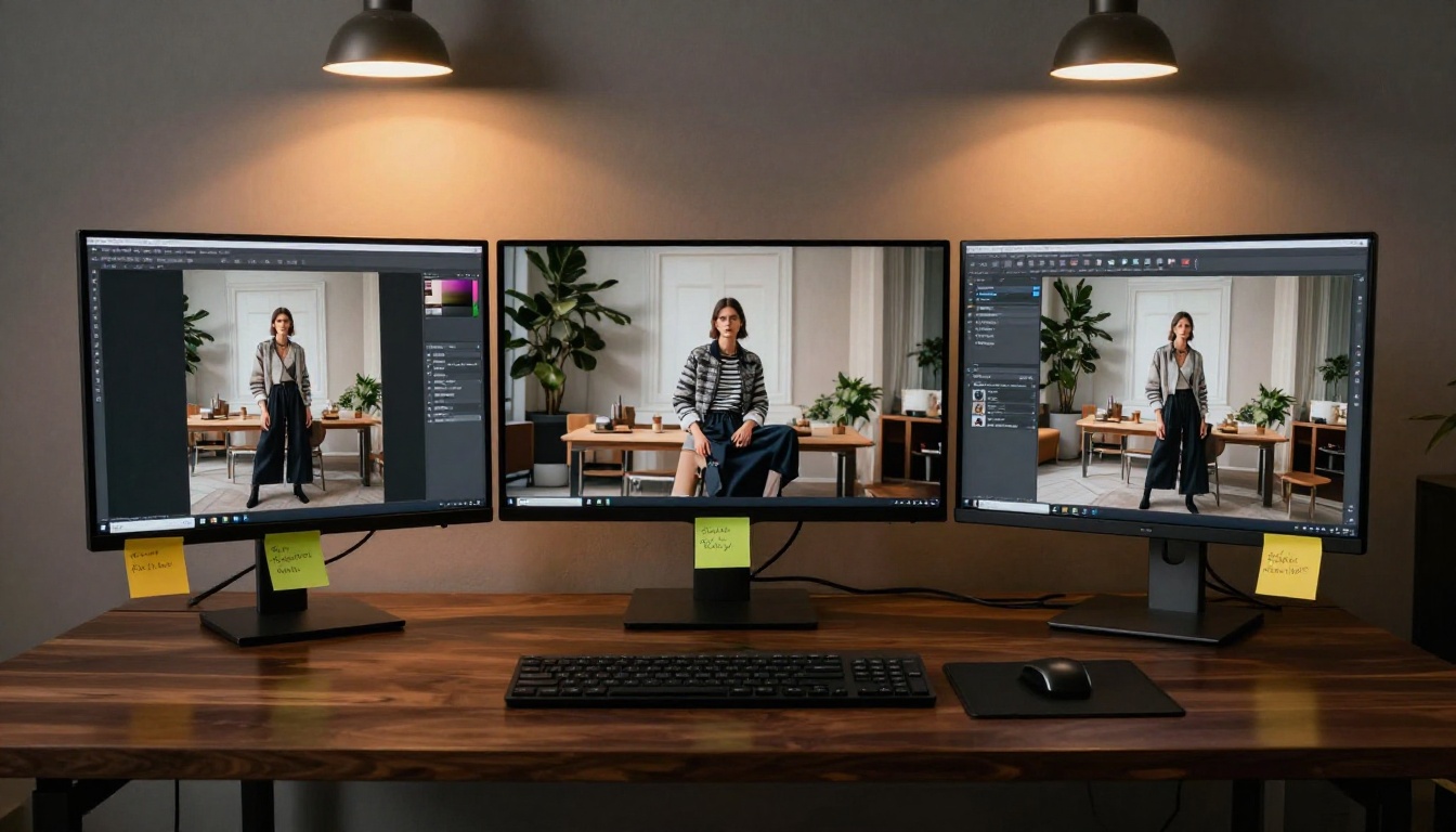 Modern creative agency workspace with three monitors in different orientations, each showing the same AI-generated subject adapted to different aspect ratios