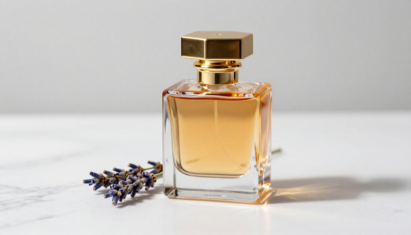 Studio product photograph of luxury amber glass perfume bottle on white marble with extraordinary 4K detail in glass facets, lavender sprig beside it