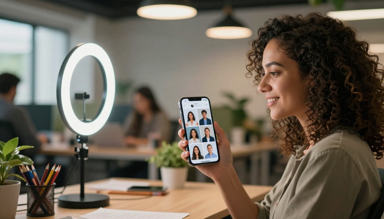Social media manager holding phone showing grid of AI-generated images, ring light illuminating the screen, blurred coworkers in background