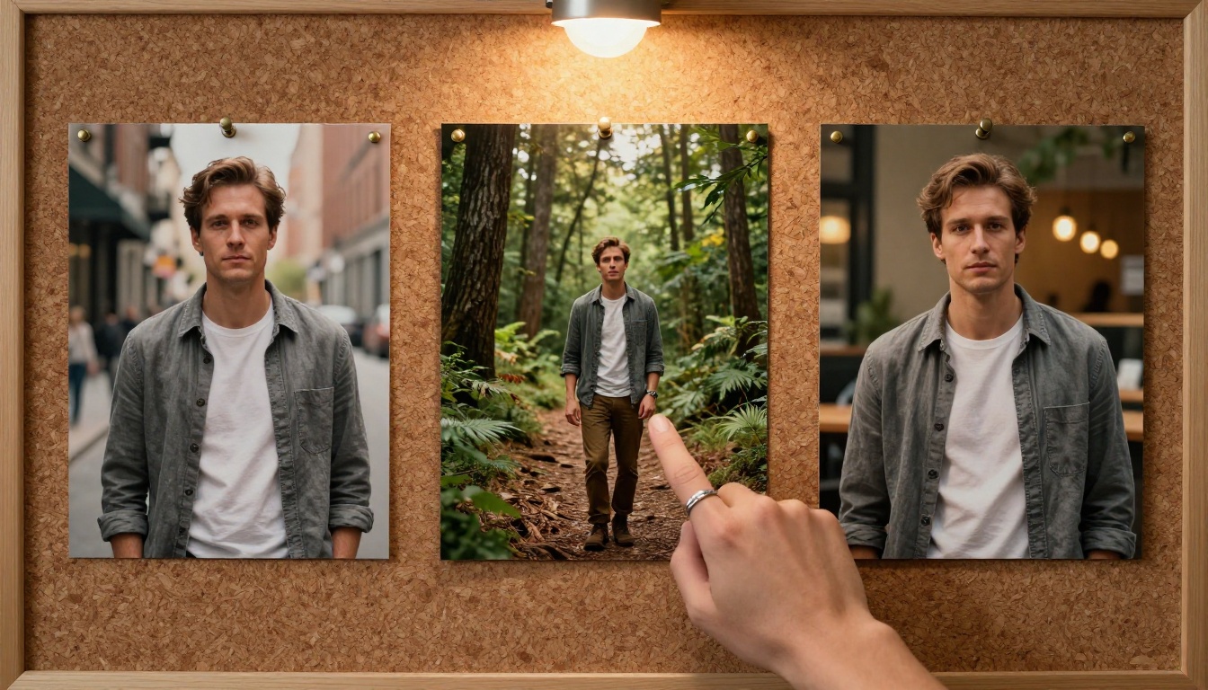 Mood board with three pinned prints showing same AI-generated man in three different environments with perfectly consistent face, hair, and clothing