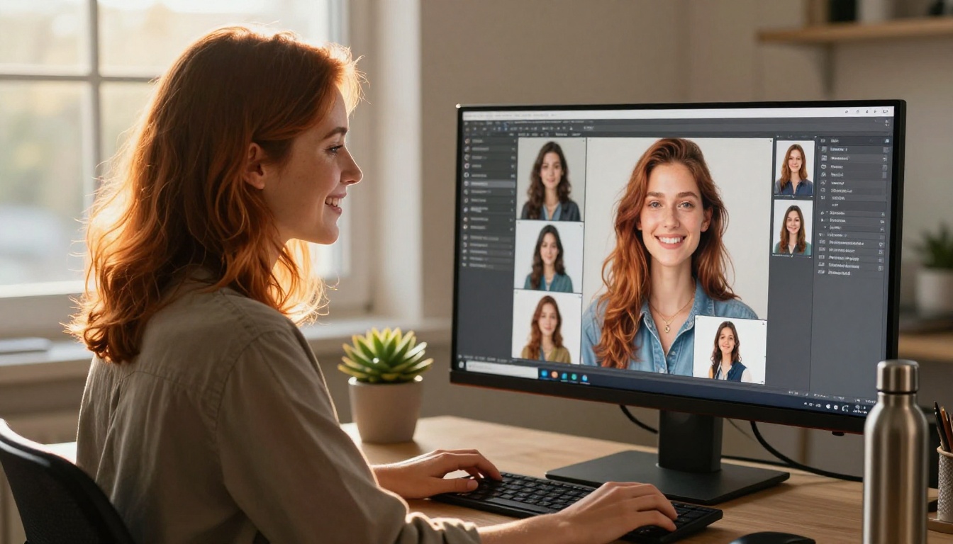 Young creative professional woman smiling while browsing AI model cards on widescreen monitor, late afternoon golden hour light streaming behind her