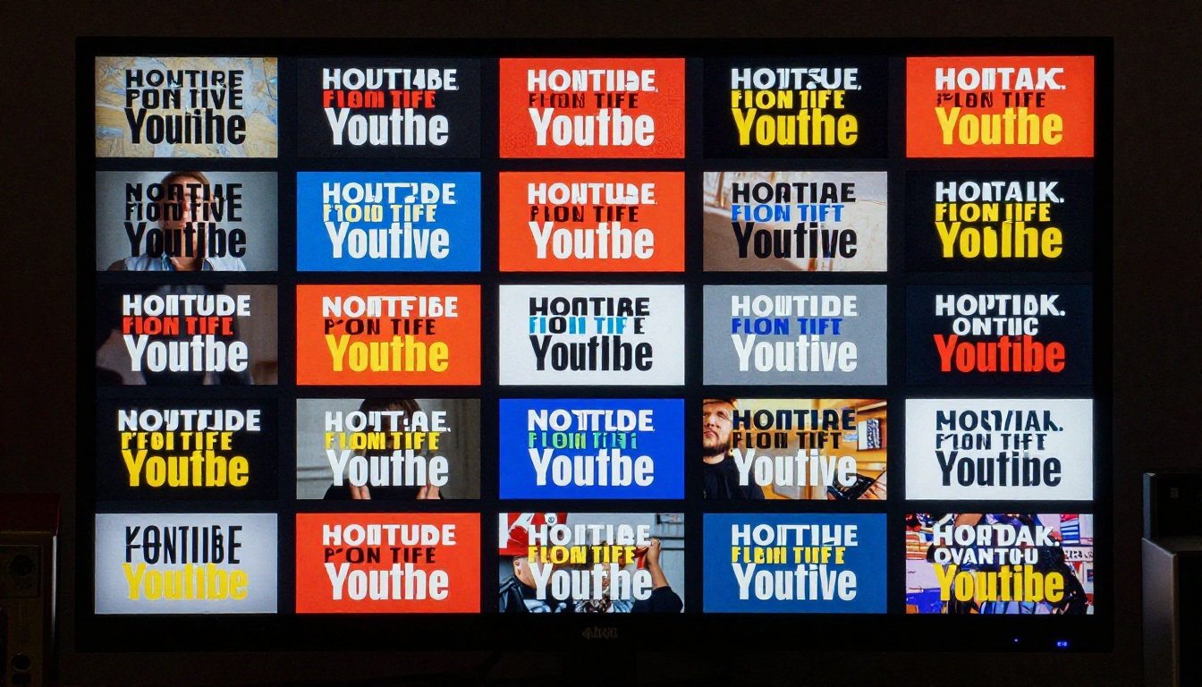 4K monitor displaying a grid of sharp YouTube thumbnails in a dark studio environment