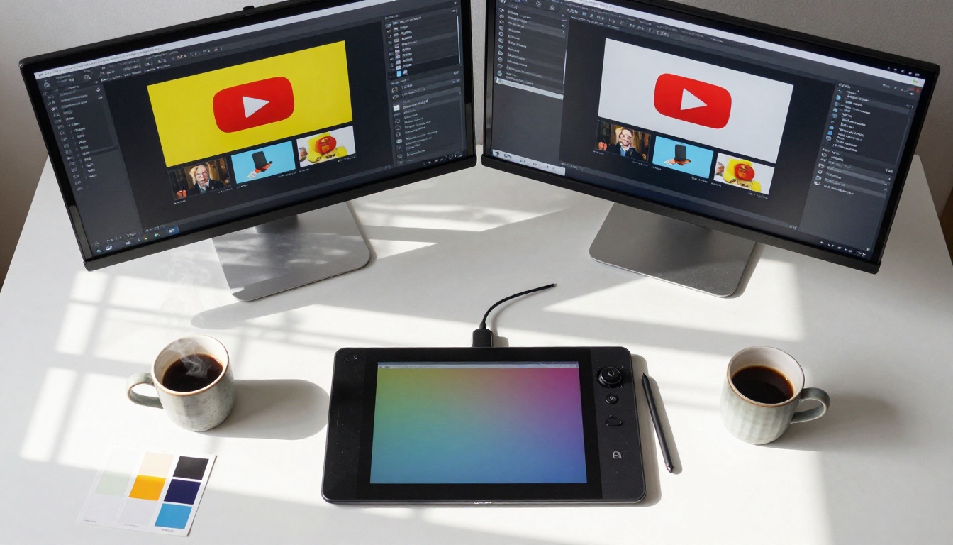 Aerial overhead flat-lay of graphic designer workstation with dual monitors showing thumbnail design work