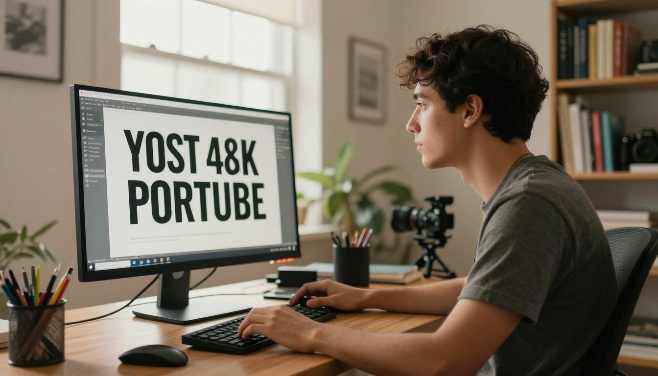 YouTube content creator working at a standing desk viewing a sharp thumbnail design on a large monitor