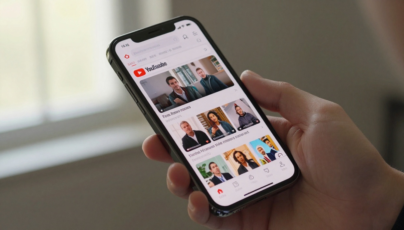 Smartphone showing YouTube search results with sharp thumbnail standing out from blurry competitor thumbnails