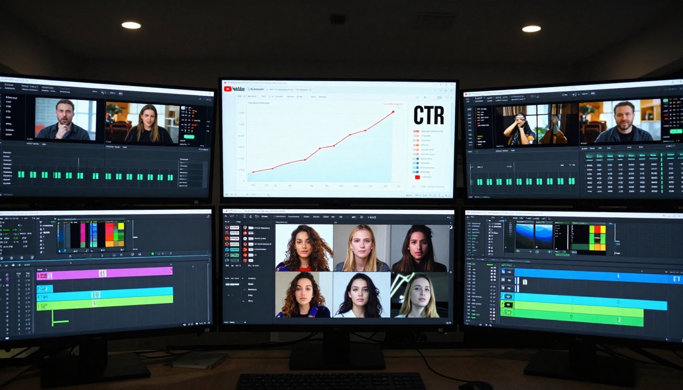 Professional video editing suite with analytics dashboard showing rising CTR and a crisp bold thumbnail on screen