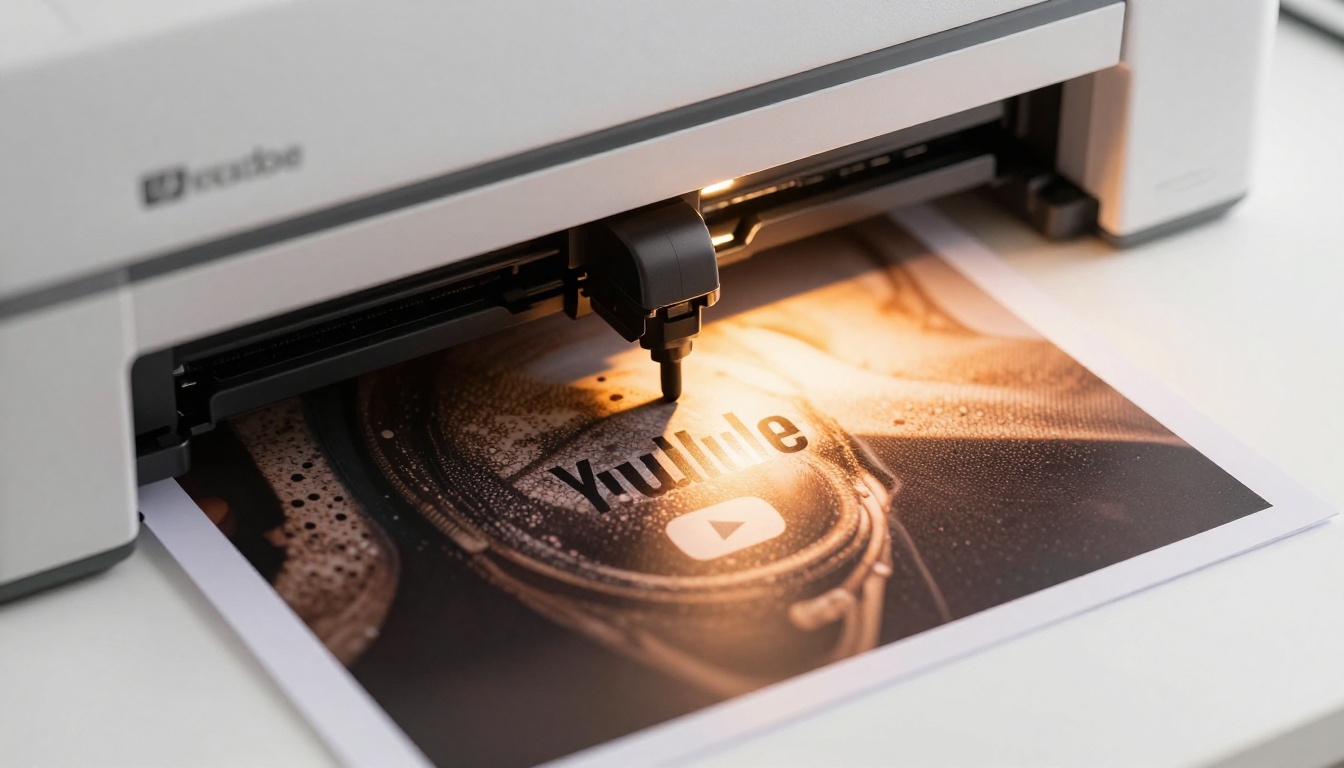 Professional inkjet printer outputting an ultra-sharp 4K YouTube thumbnail test print with crisp defined text