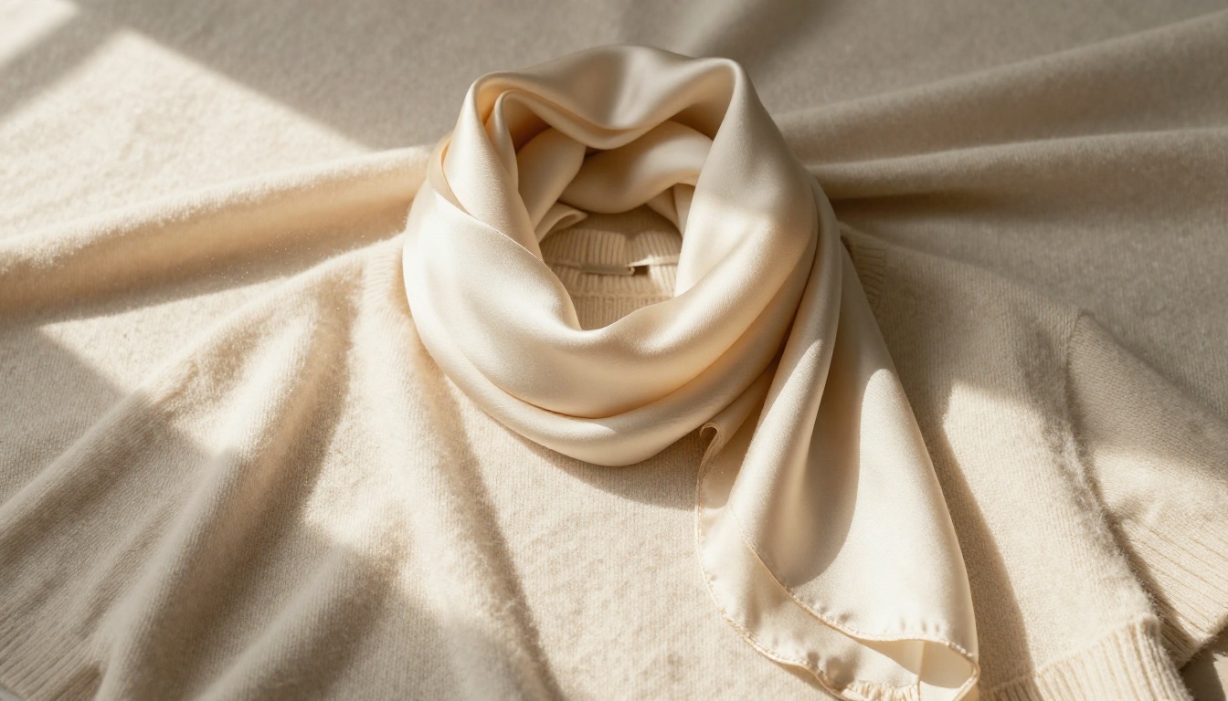 Fashion flat lay product photography with ultra-high resolution cashmere and silk fabric texture