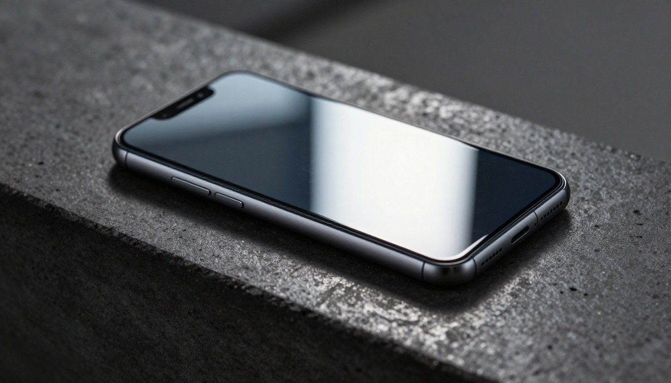 Sleek smartphone product photography with low-angle dramatic sidelighting and 4K surface detail