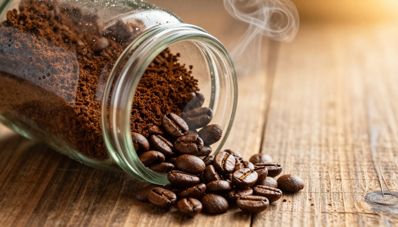 Gourmet coffee product shot with visible individual bean texture, oil sheen, and condensation on glass