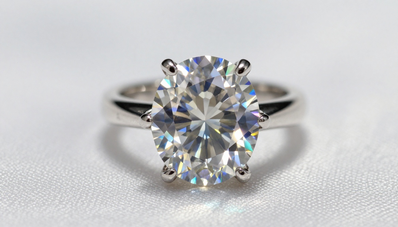 Diamond ring jewelry macro photography showing prismatic light refraction and facet detail
