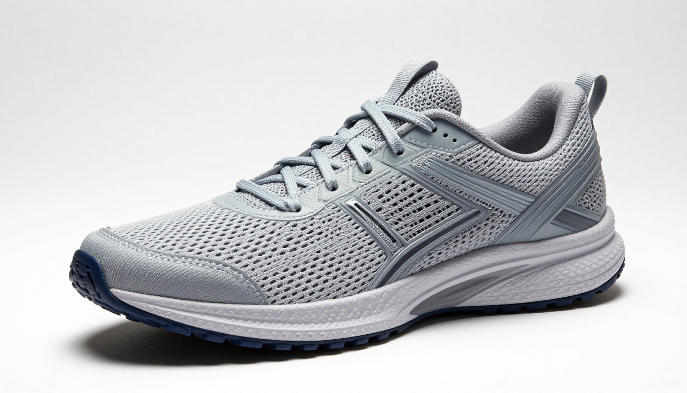 Athletic shoe product photography showing detailed mesh texture and rubber sole tread pattern