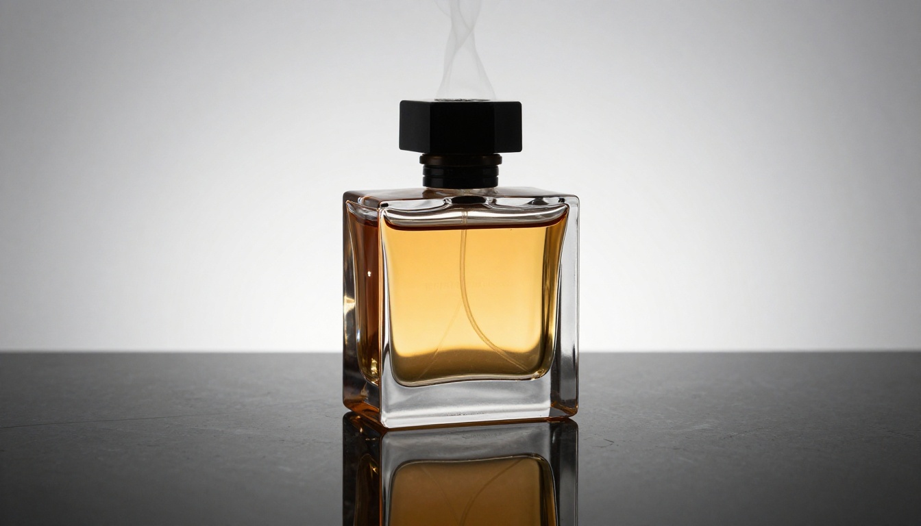 Luxury glass perfume bottle product shot with prismatic light refractions on black marble surface