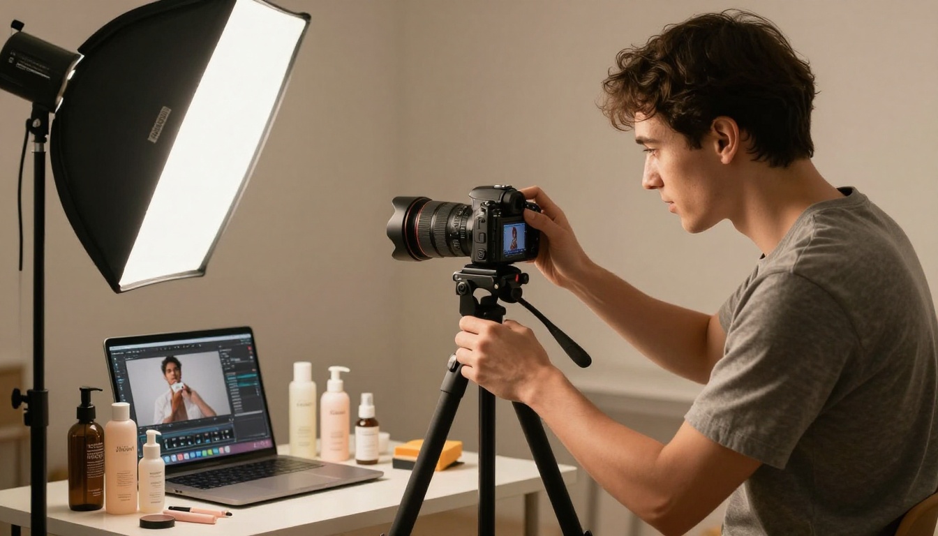 Professional e-commerce photographer at studio light table adjusting tripod over cosmetics flat lay