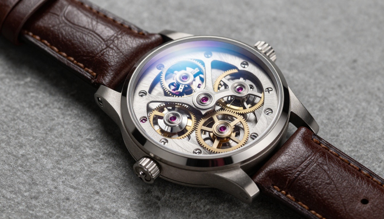 Luxury mechanical watch skeleton dial macro photography with intricate gear mechanism detail