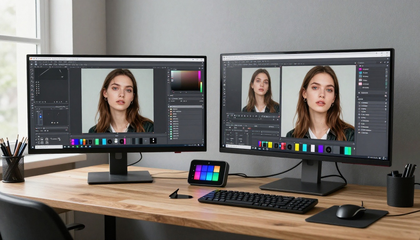 Before and after editing comparison on dual monitors Before and after editing comparison on dual monitors