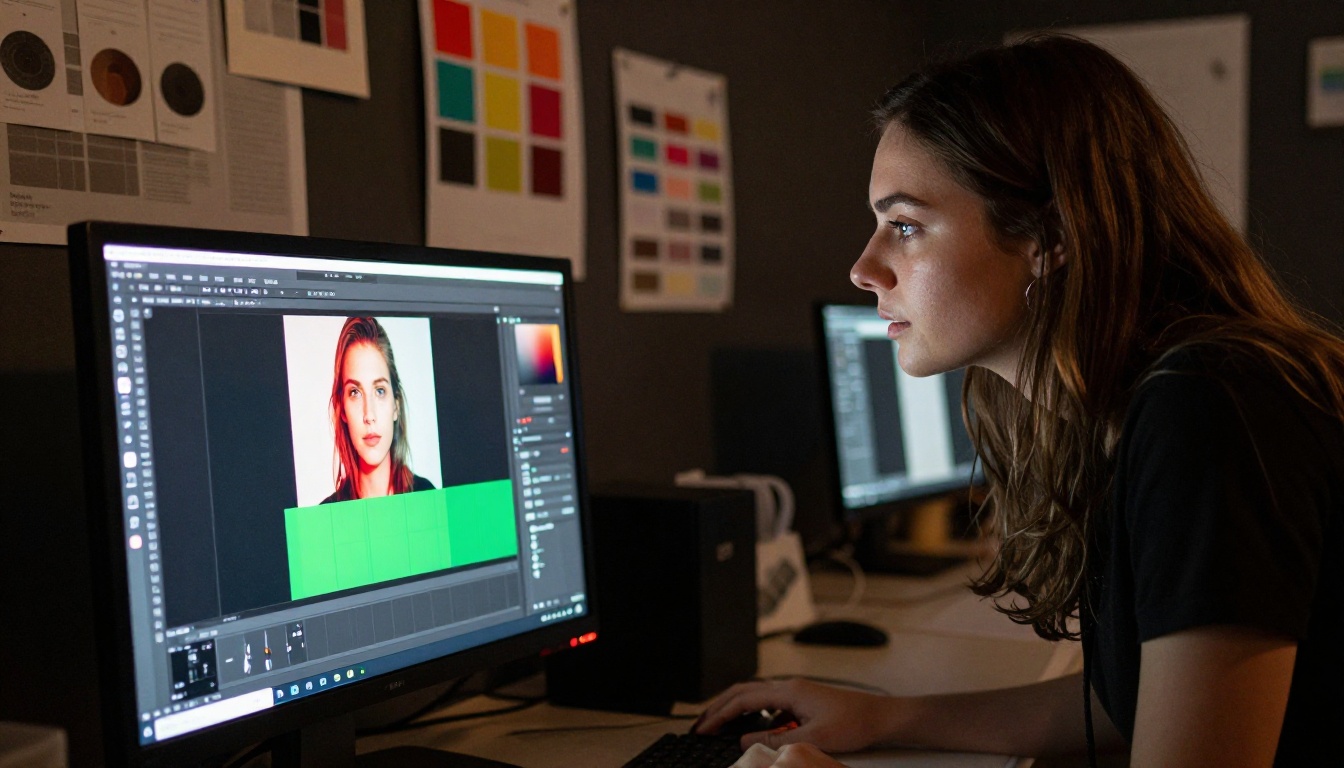 Photo editor examining masking layer panels on calibrated monitor Photo editor examining masking layer panels on calibrated monitor