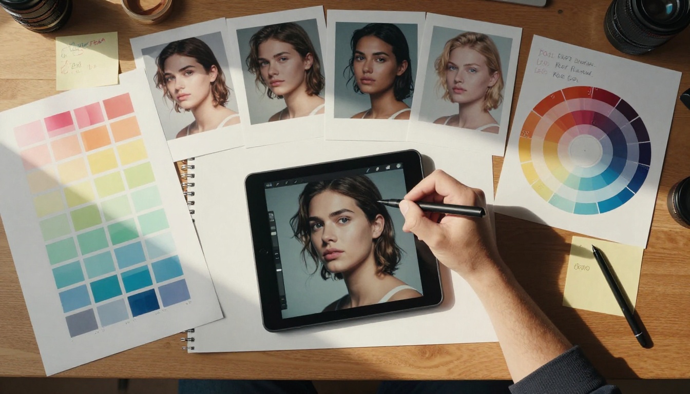 Aerial view of professional retouching workstation with color charts and reference prints Aerial view of professional retouching workstation with color charts and reference prints