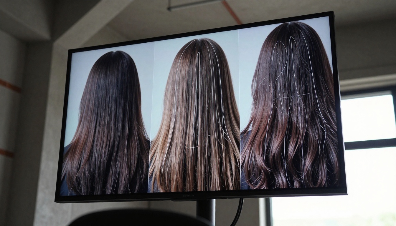 Low angle view of vertical monitor displaying hair masking with AI selection boundaries Low angle view of vertical monitor displaying hair masking with AI selection boundaries