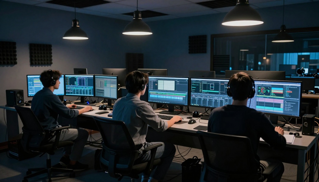 Professional editors working at color-calibrated monitors in a dim post-production studio Professional editors working at color-calibrated monitors in a dim post-production studio
