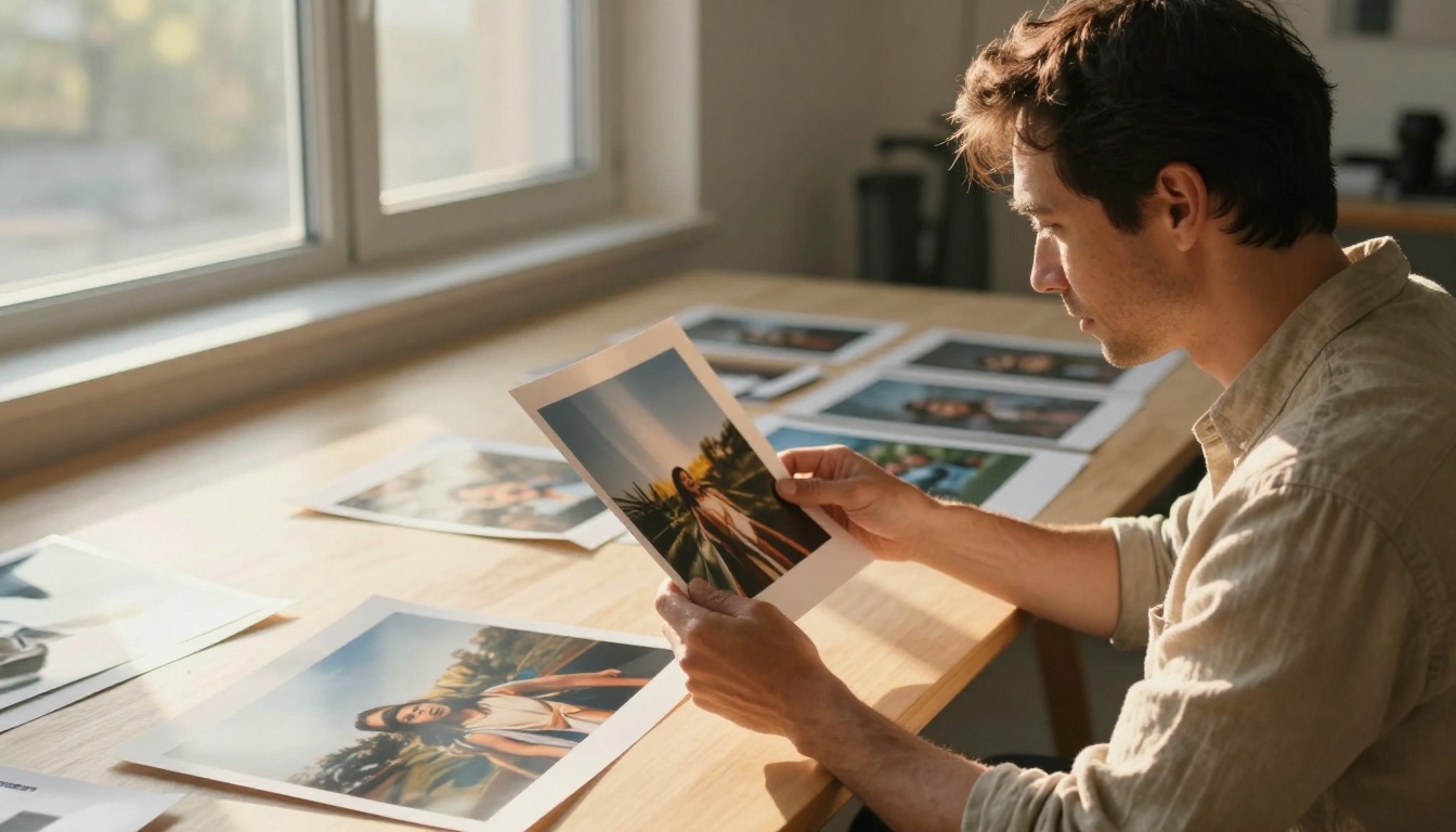 Professional photographer examining printed photos held up to natural golden window light in bright studio