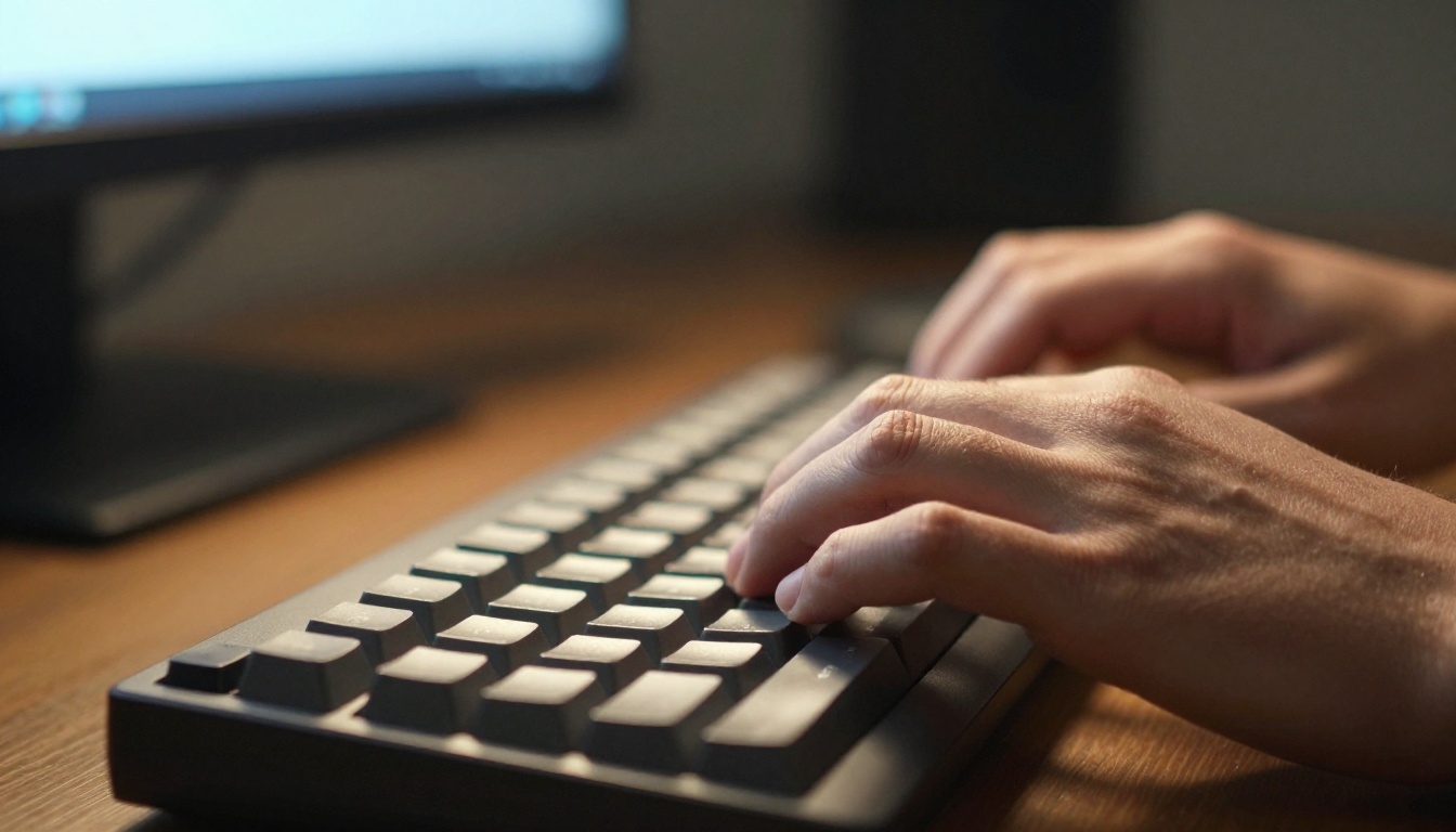 Close-up of hands typing precisely on a mechanical keyboard crafting a detailed AI image prompt