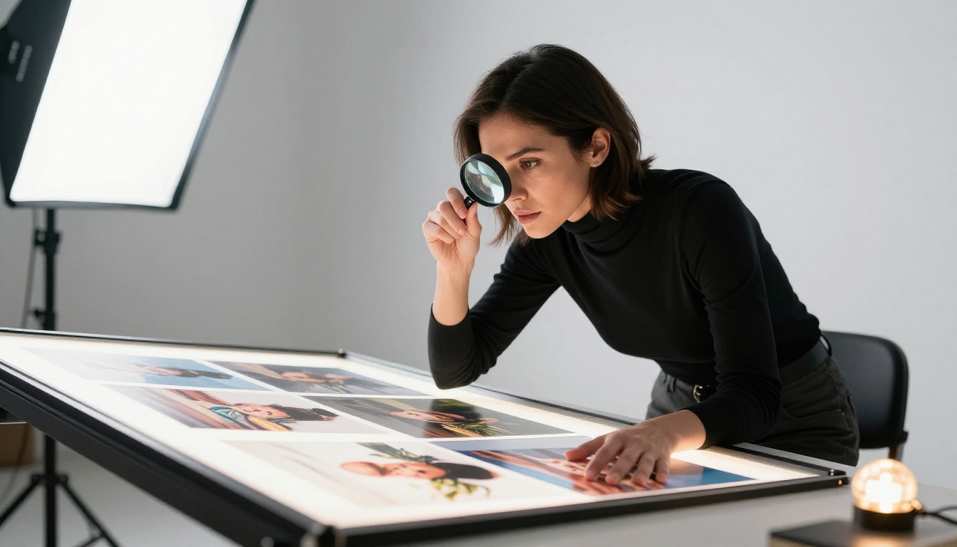 Female creative director leaning over illuminated lightbox examining large format AI-generated artwork with magnifying loupe