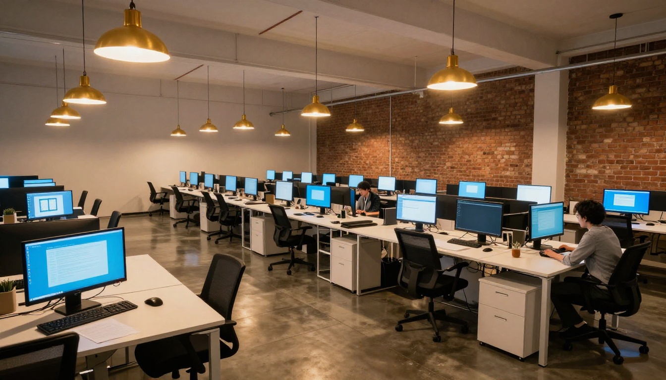 Wide establishing shot of modern creative agency office rows of glowing workstations with warm pendant lights at evening