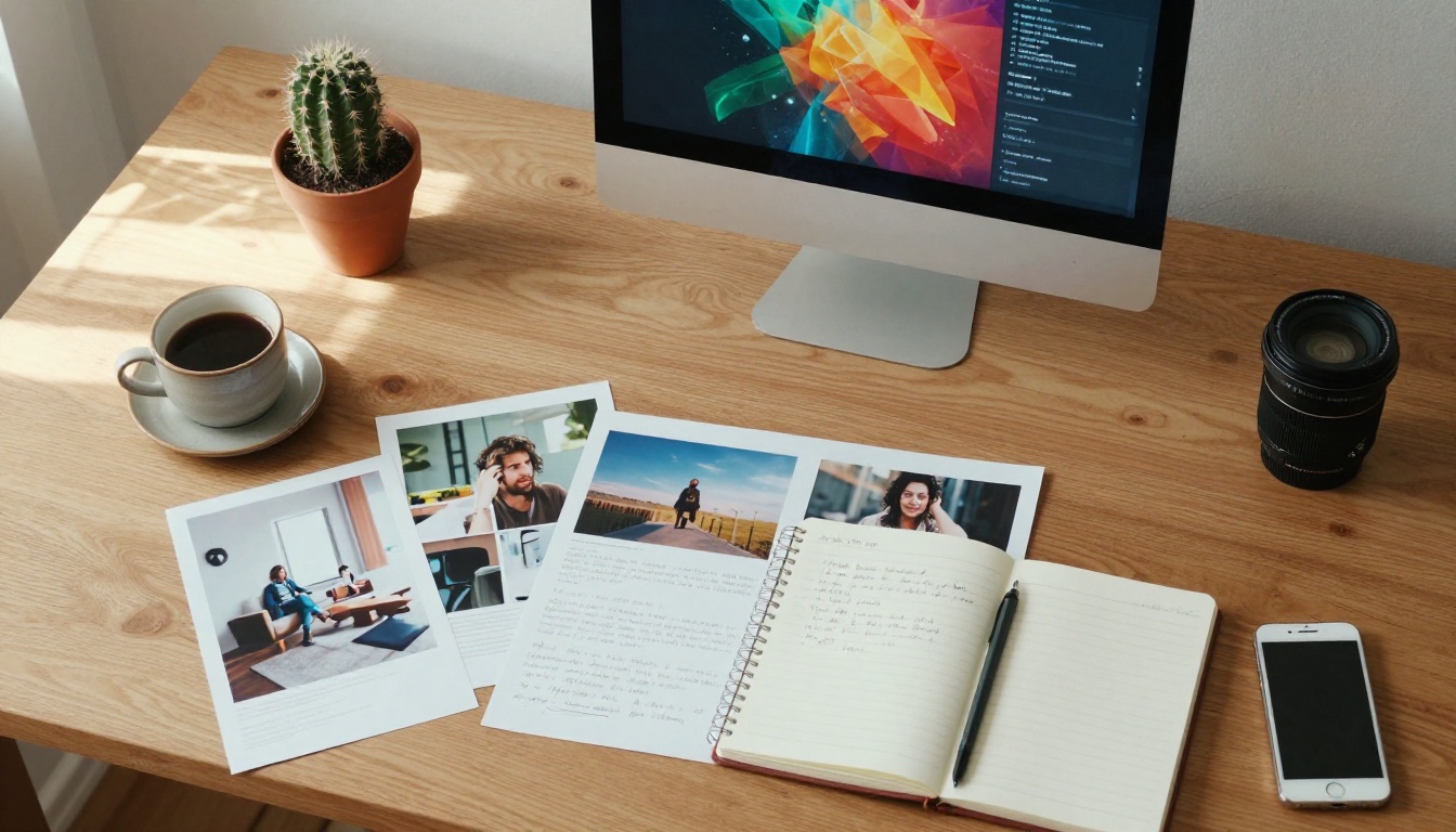 Aerial top-down flat lay of creative workspace with laptop showing AI images, printed photos, notebook with prompt notes, and coffee