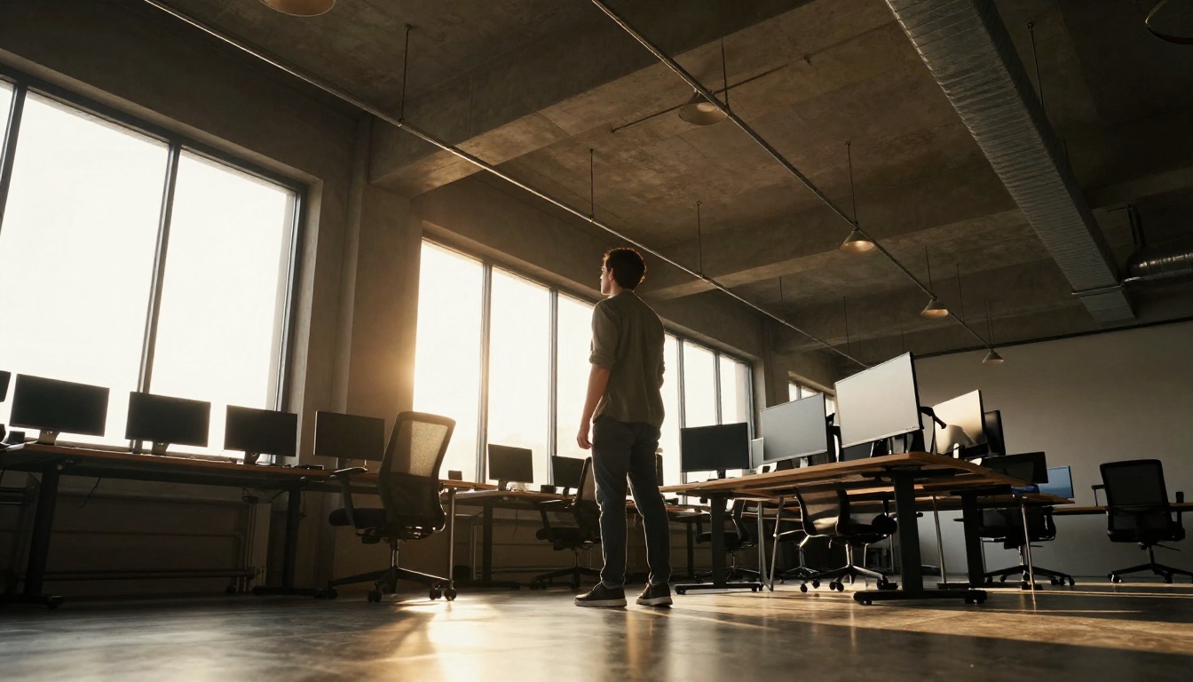 Low angle dramatic ground-level shot looking up at creative professional standing at desk reviewing multiple monitors morning light