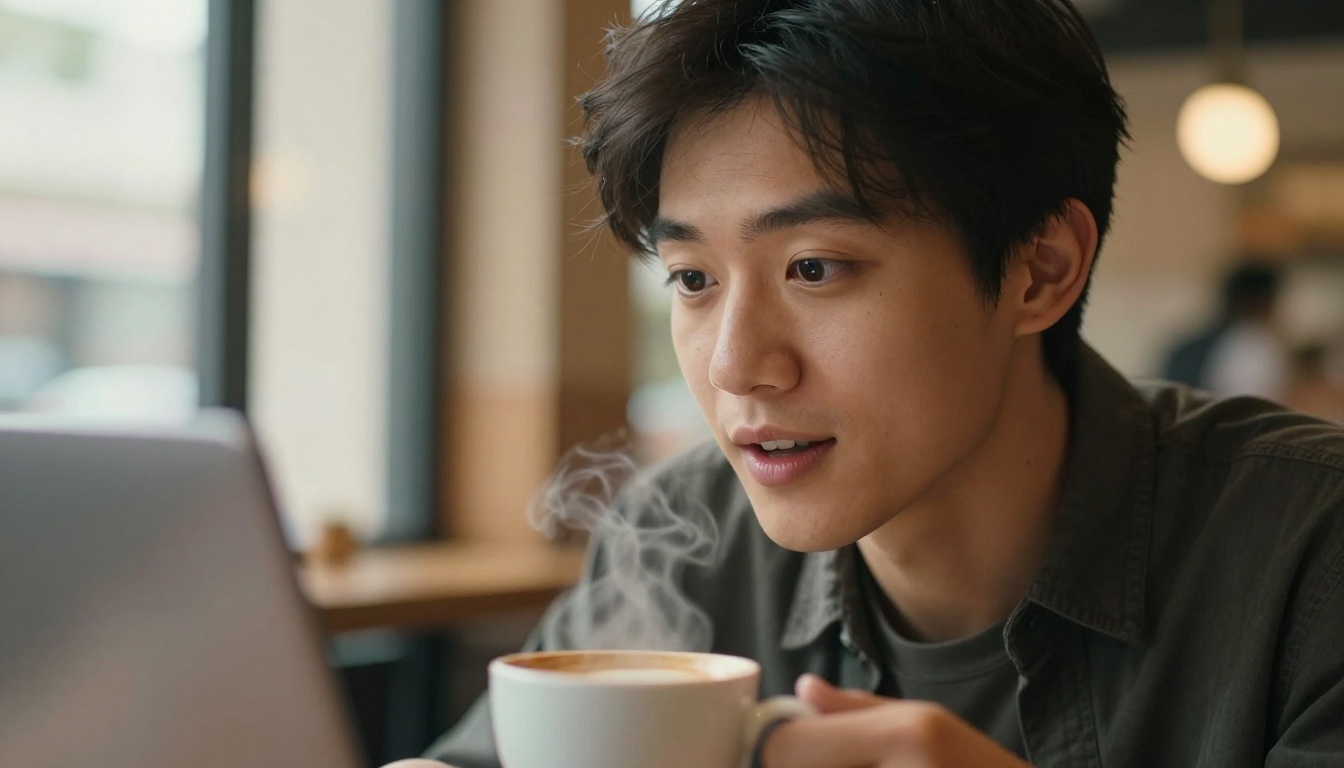 Young creative professional with genuine delight at laptop screen in warm cozy cafe with afternoon window light
