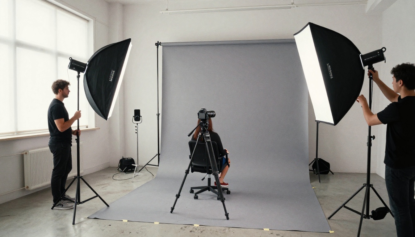 Professional photography studio with softbox lighting and seamless backdrop