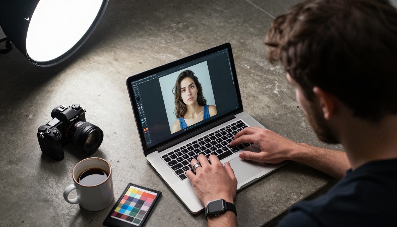 Overhead aerial view of photographer reviewing 4K headshots on laptop in studio