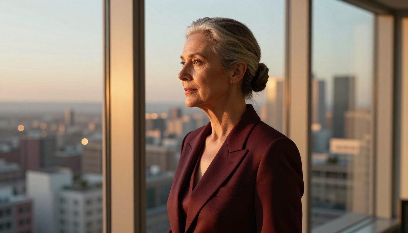Side profile portrait of mature executive woman in golden hour light